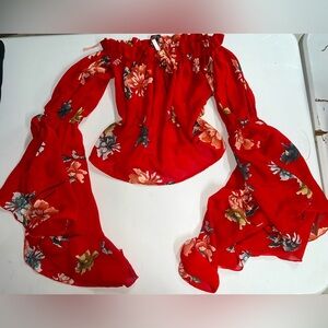 red floral off the shoulder bell sleeve crop top